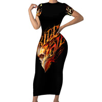 Black fitted short-sleeve dress with flame skull graphic and round neckline