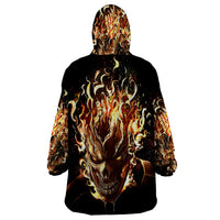 Black flame skull wearable blanket hoodie, back print with hood and pocket pouch