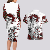 Rose Skull Couples Matching Long Sleeve Bodycon Dress and Hawaiian Shirt Rose Skull Day Of The Dead - Wonder Print Shop