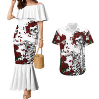 White off-shoulder ruffle mermaid dress and matching Hawaiian shirt set, rose skull print