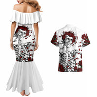 White off-shoulder ruffle mermaid dress with rose skull print and matching Hawaiian shirt back view