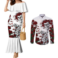 White mermaid-style dress with off-shoulder ruffle and rose skull print; matching long-sleeve shirt