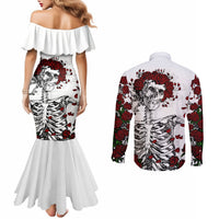 White back view mermaid dress and long-sleeve button shirt with rose skull print