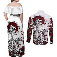 Rose Skull Couples Matching Off Shoulder Maxi Dress and Long Sleeve Button Shirts Rose Skull Day Of The Dead - Wonder Print Shop