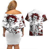 Rose Skull Couples Matching Off Shoulder Short Dress and Hawaiian Shirt Rose Skull Day Of The Dead - Wonder Print Shop
