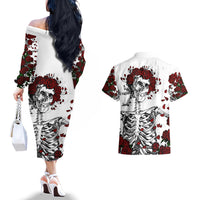 Rose Skull Couples Matching Off The Shoulder Long Sleeve Dress and Hawaiian Shirt Rose Skull Day Of The Dead - Wonder Print Shop