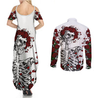 Couples matching white maxi dress and long-sleeve button shirt, back rose skull skeleton print