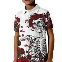 Kids polo shirt with white base, red roses and skull skeleton front graphic