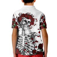Kids polo shirt with white base, rose and skull skeleton back graphic