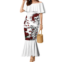 White off-shoulder mermaid dress with ruffled sleeve and red rose skull print