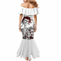 White off-shoulder mermaid dress with ruffle neckline, fitted front, rose skull artwork