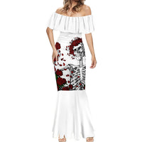 White off-shoulder mermaid dress with ruffled neckline and front rose skull graphic