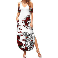 Women’s white cold-shoulder maxi dress with rose-skull print and side slit