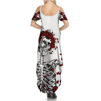 Women’s white cold-shoulder maxi dress with rose-skull print and open back