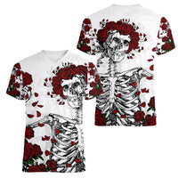 Rose Skull Women V Neck T Shirt Rose Skull Day Of The Dead - Wonder Print Shop