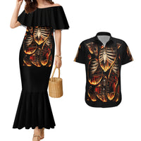 Couples matching mermaid dress and Hawaiian shirt set, black with flame skull skeleton art