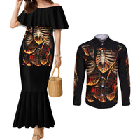 Black off-shoulder mermaid dress and long-sleeve button shirt, flame skull skeleton prints