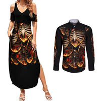 Black V-neck maxi dress and black long-sleeve button shirt with flame skull print