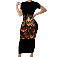 Black short-sleeve bodycon midi dress with flame skull and skeleton graphic