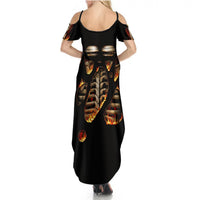 Black maxi dress with open shoulders and flame skull skeleton print, scoop back