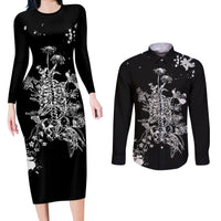 Rose Skull Couples Matching Long Sleeve Bodycon Dress and Long Sleeve Button Shirts White Rose Skull Day Of The Dead - Wonder Print Shop