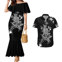 Black off-shoulder mermaid dress with white skull floral print, plus black collared shirt