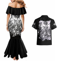 Black ruffle off-shoulder mermaid dress and black Hawaiian shirt with back skull collage print
