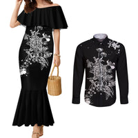 Black mermaid off-shoulder dress and button shirt set, white floral skull print