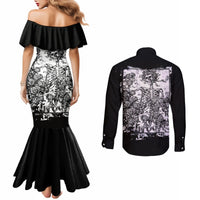 Back view: black mermaid off-shoulder dress and button shirt set with white floral skull print