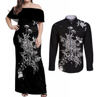 Rose Skull Couples Matching Off Shoulder Maxi Dress and Long Sleeve Button Shirts White Rose Skull Day Of The Dead - Wonder Print Shop