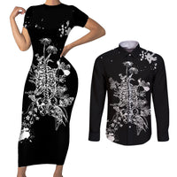 Rose Skull Couples Matching Short Sleeve Bodycon Dress and Long Sleeve Button Shirts White Rose Skull Day Of The Dead - Wonder Print Shop