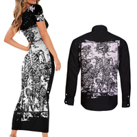 Rose Skull Couples Matching Short Sleeve Bodycon Dress and Long Sleeve Button Shirts White Rose Skull Day Of The Dead - Wonder Print Shop