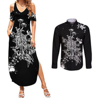 Black maxi dress and black long-sleeve button shirt set with white skull rose print
