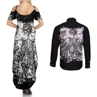 Back views of black maxi dress and long-sleeve button shirt with white skull rose print
