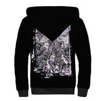 Black unisex sherpa hoodie back view with white skull and rose graphic