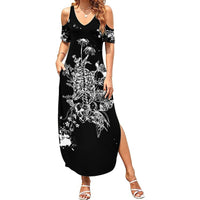 Black cold-shoulder maxi dress with skull and rose Day of the Dead print, side slit