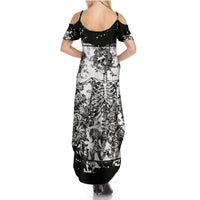 Black cold-shoulder maxi dress with back spaghetti-strap neckline, skull and rose print