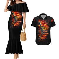 Black mermaid dress with ruffle neckline and matching black Hawaiian shirt, fire skull print