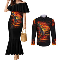 Black off-shoulder mermaid dress and long-sleeve button shirt, fiery skull skeleton print