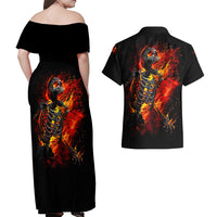 Fire Skull Couples Matching Off Shoulder Maxi Dress and Hawaiian Shirt Dead Fire Skeleton Scream - Wonder Print Shop