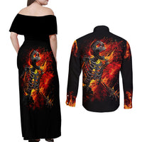 Fire Skull Couples Matching Off Shoulder Maxi Dress and Long Sleeve Button Shirts Dead Fire Skeleton Scream - Wonder Print Shop