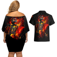 Fire Skull Couples Matching Off Shoulder Short Dress and Hawaiian Shirt Dead Fire Skeleton Scream - Wonder Print Shop