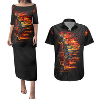 Black puletasi dress and Hawaiian shirt set with fire skull graphic