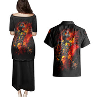 Back view black puletasi dress and Hawaiian shirt set with fire skull graphic