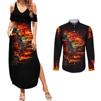 Black cold-shoulder graphic maxi dress with high slit and matching long-sleeve button shirt