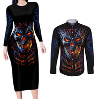 Devil Skull Couples Matching Long Sleeve Bodycon Dress and Long Sleeve Button Shirts Devil Face Scream - Wonder Print Shop