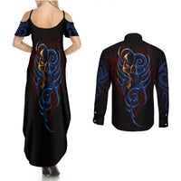 Devil Skull Couples Matching Summer Maxi Dress and Long Sleeve Button Shirts Devil Face Scream - Wonder Print Shop