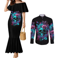 Black off-shoulder mermaid dress with skull floral print; black long-sleeve button shirt (front)
