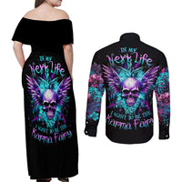 Wings Skull Couples Matching Off Shoulder Maxi Dress and Long Sleeve Button Shirts Want To Be Karma Fairy Rose Skull - Wonder Print Shop