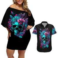 Wings Skull Couples Matching Off Shoulder Short Dress and Hawaiian Shirt Want To Be Karma Fairy Rose Skull - Wonder Print Shop